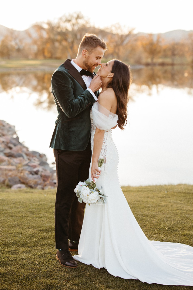 real bride wearing Novak wedding dress by pronovias bridal designer