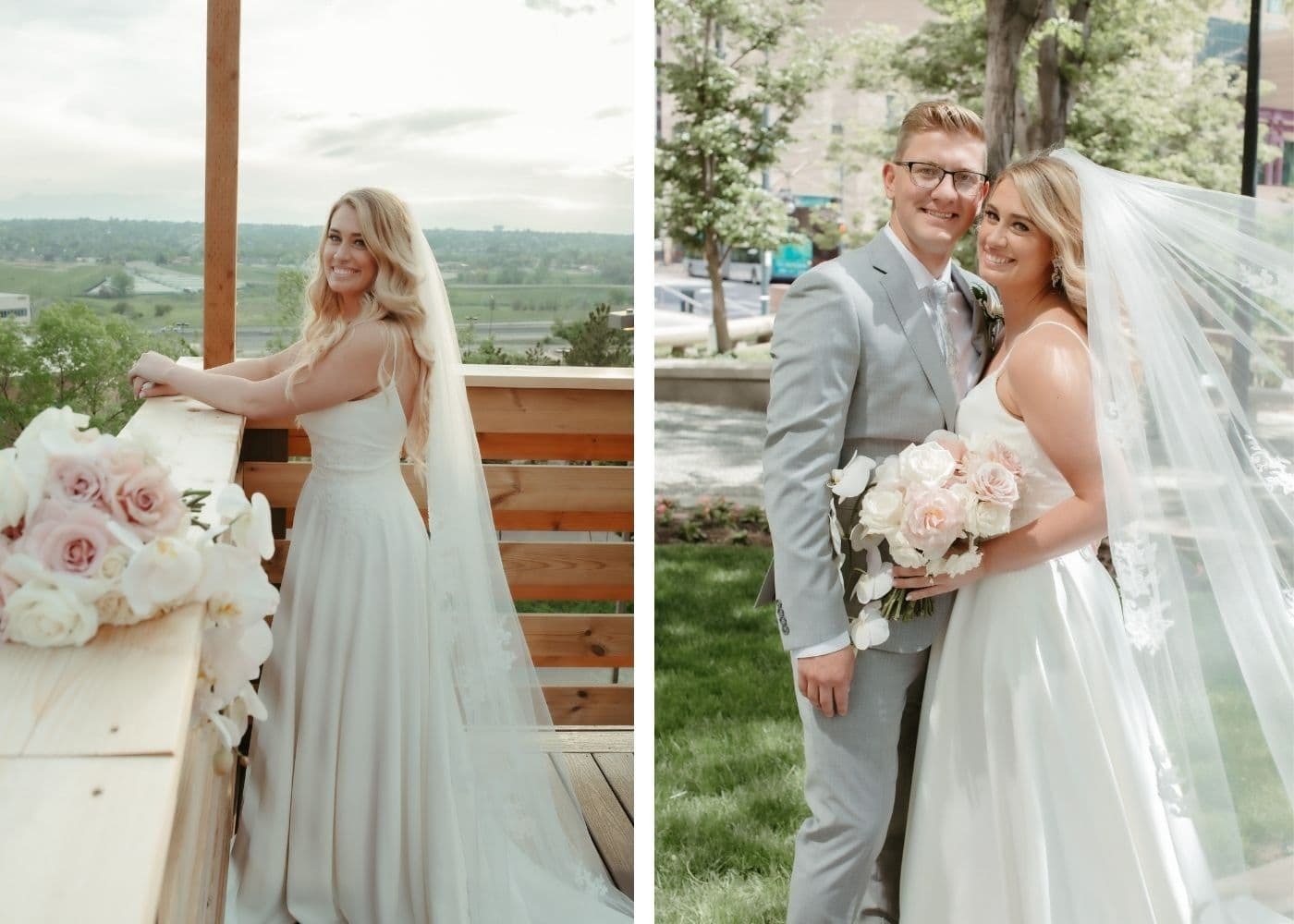 Сouple wearing a white gown and a gray suit. Mobile image
