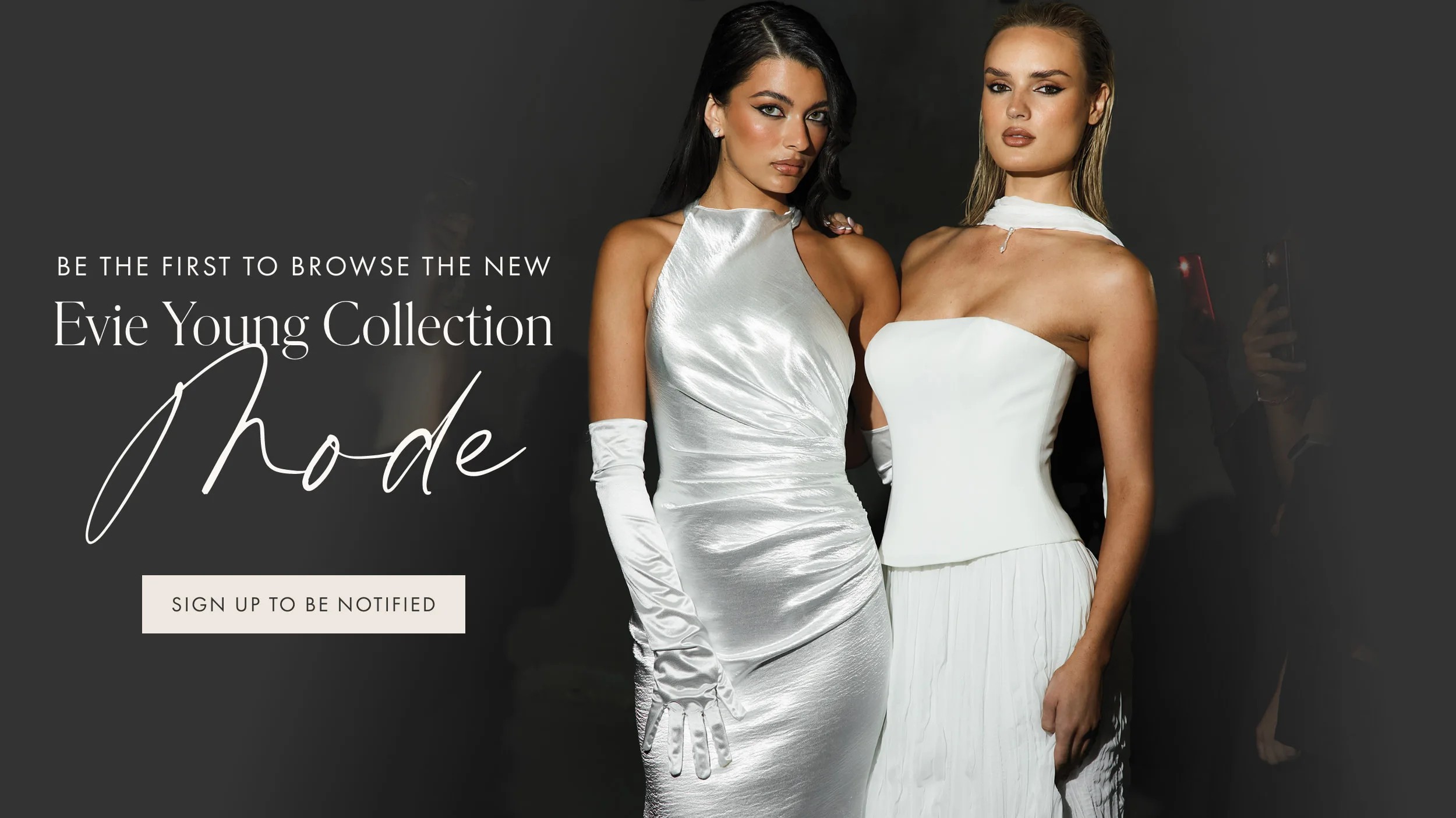 Models wearing Evie Young gowns, desktop banner