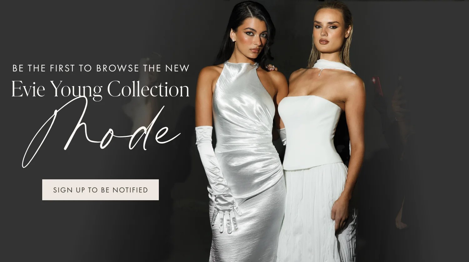 Models wearing Evie Young gowns, mobile banner