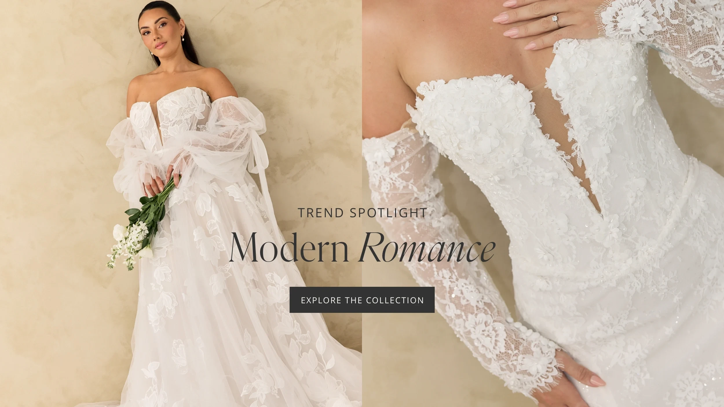 Model wearing bridal gown, modern romance desktop banner